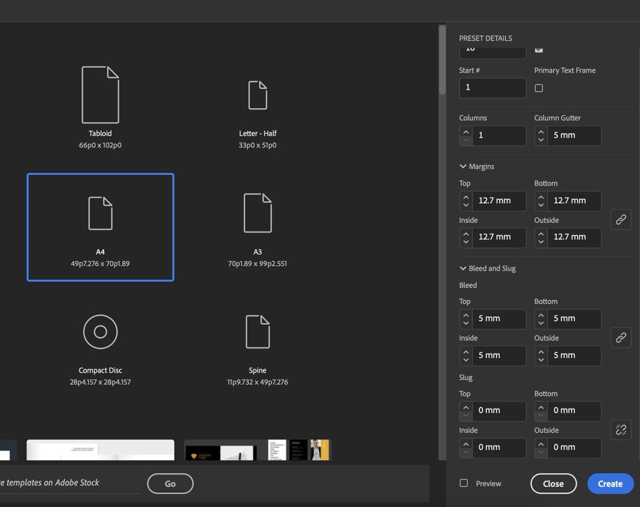 Example of a New File setup in InDesign, with 5mm Bleed