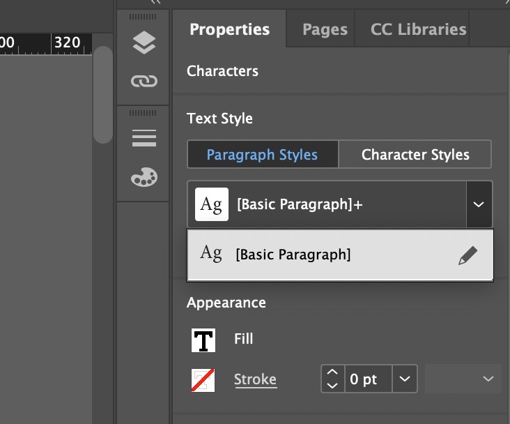 Screenshot of InDesign's side panel with paragraph and character styles