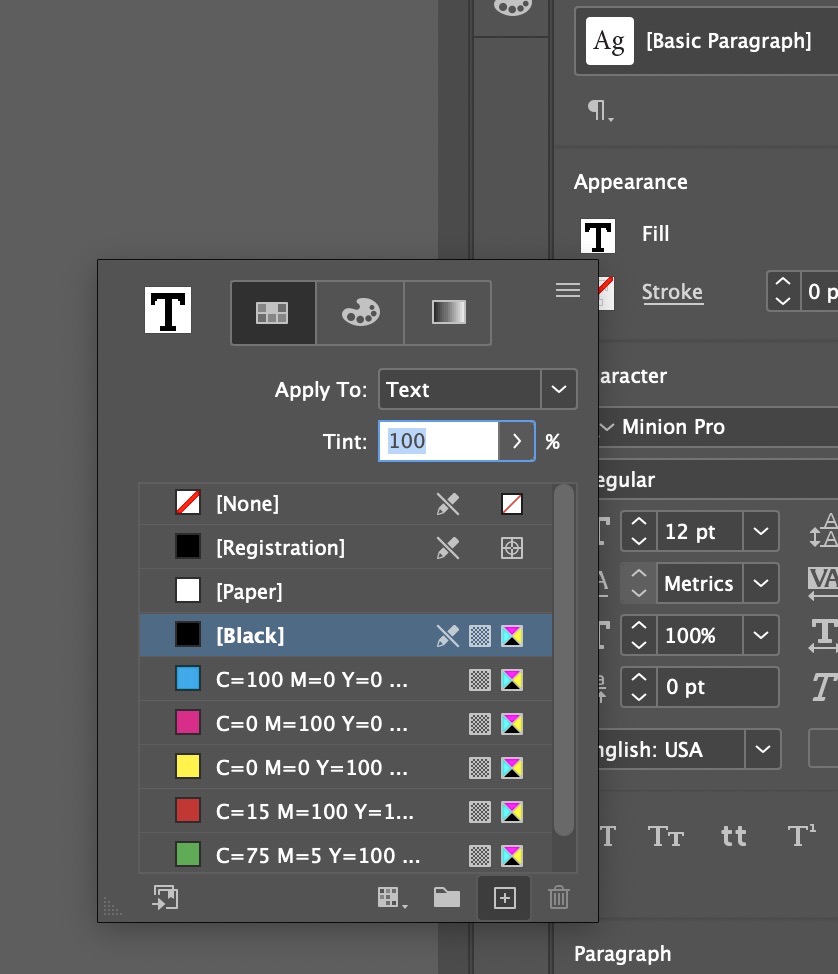 Screenshot of InDesign swatch panel in program