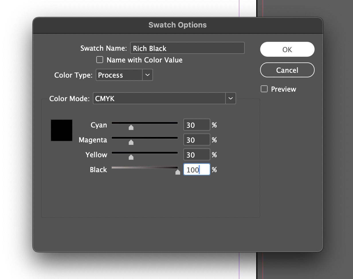 Example of a new colour swatch in InDesign, set to Rich Black