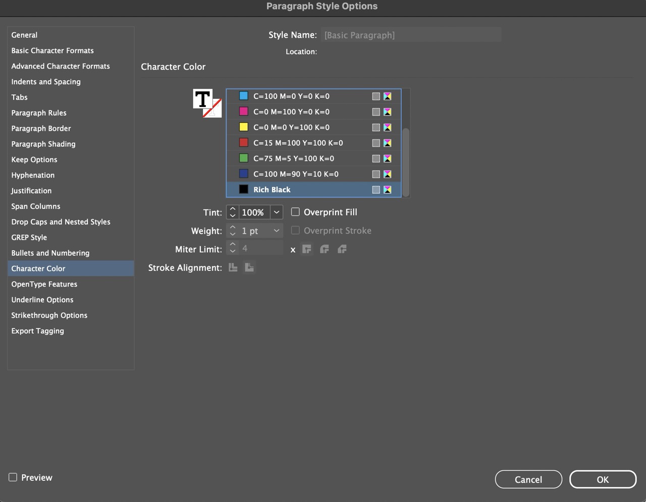 InDesign screenshot of panel where you can update the colour of text for Paragraph or Character Styles