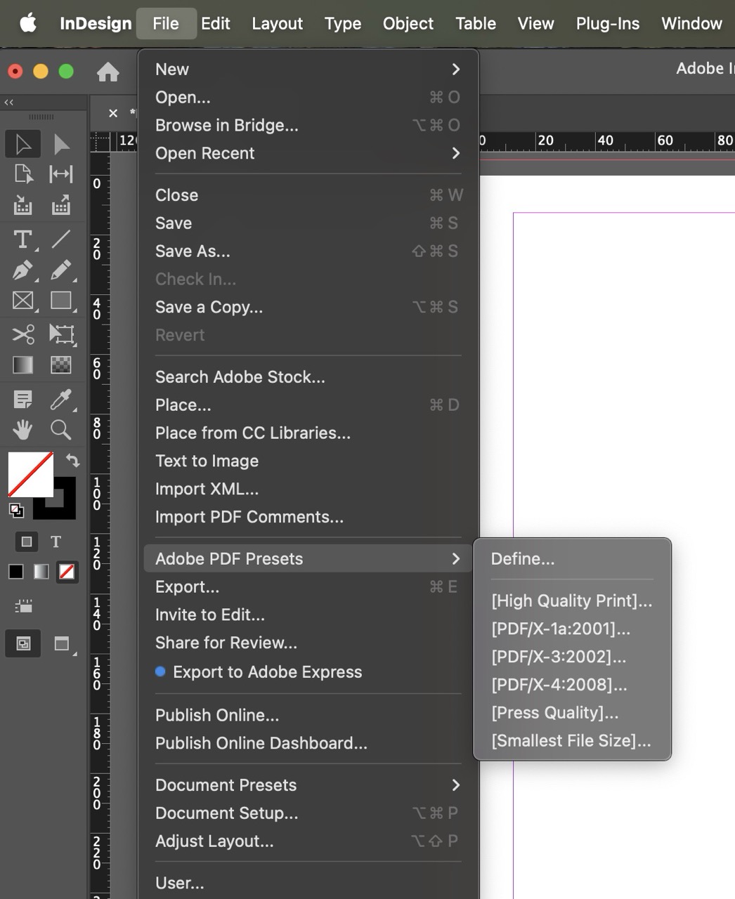 screenshot of InDesign under File, to Adobe PDF Presets for exporting the file to Press Quality.