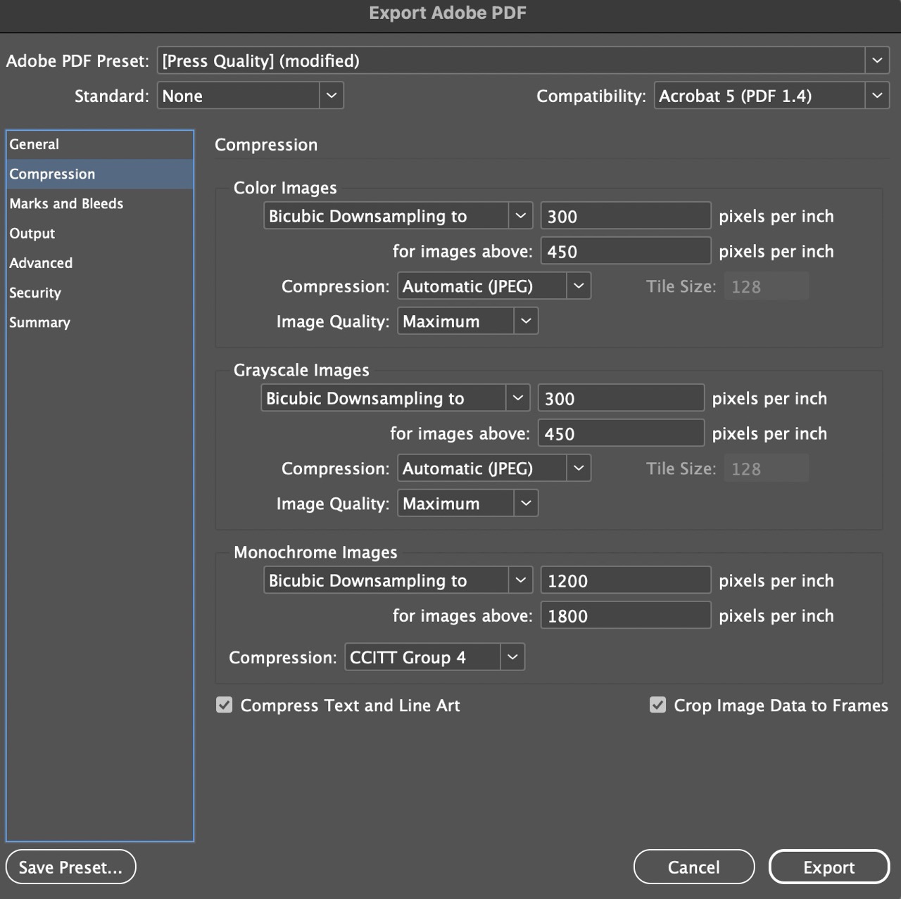 Screenshot of selecting additional Compression Settings during export in InDesign