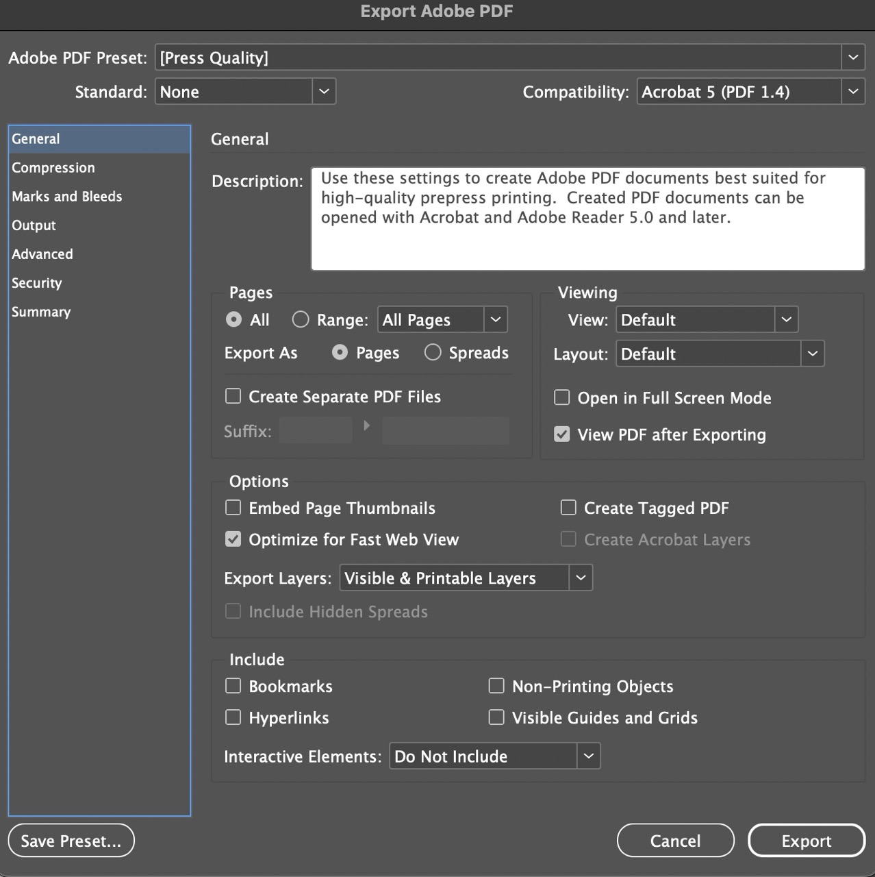 Screenshot of selecting additional General Settings during export in InDesign