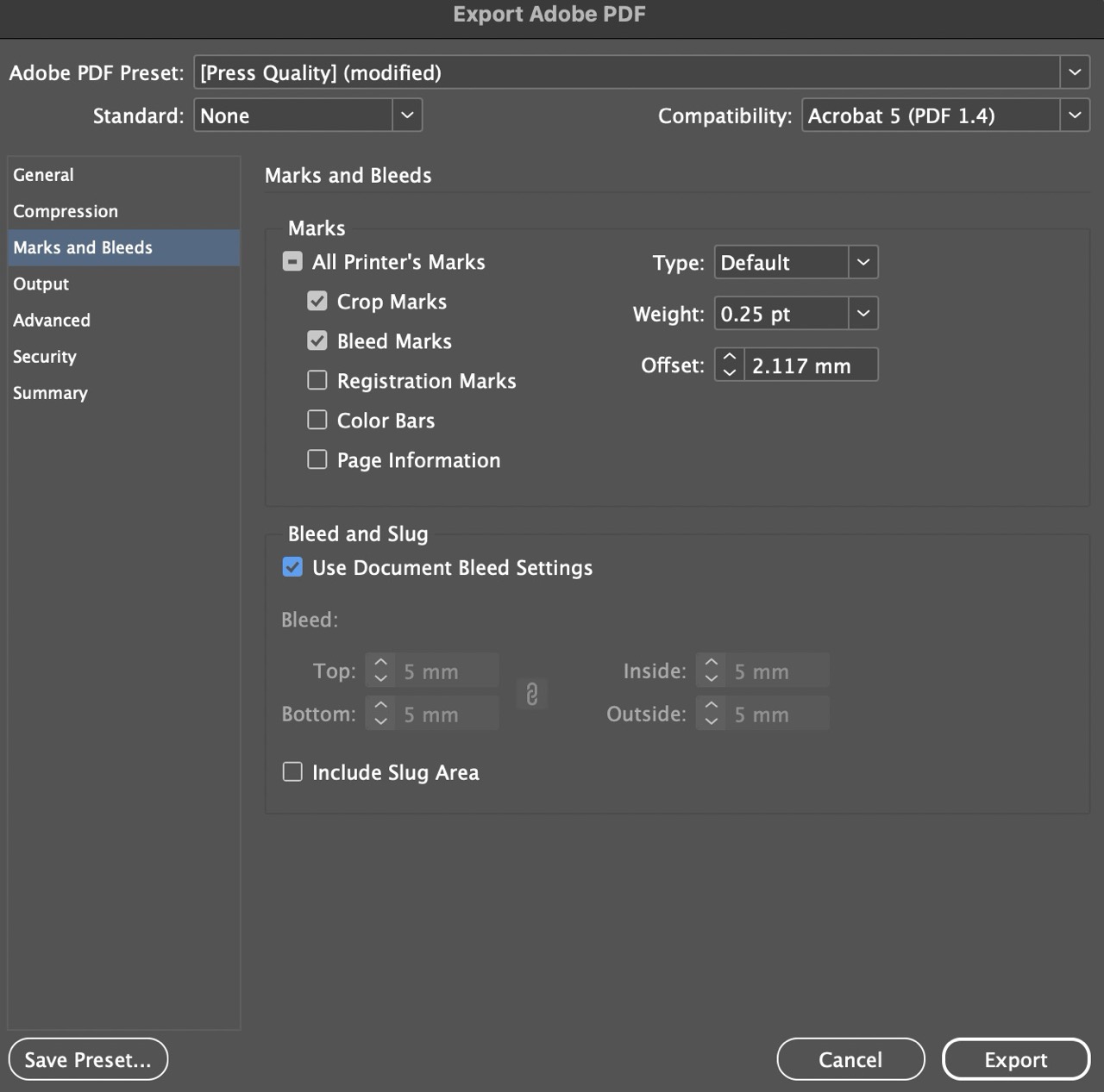 Screenshot of selecting additional Marks and Bleeds Settings during export in InDesign