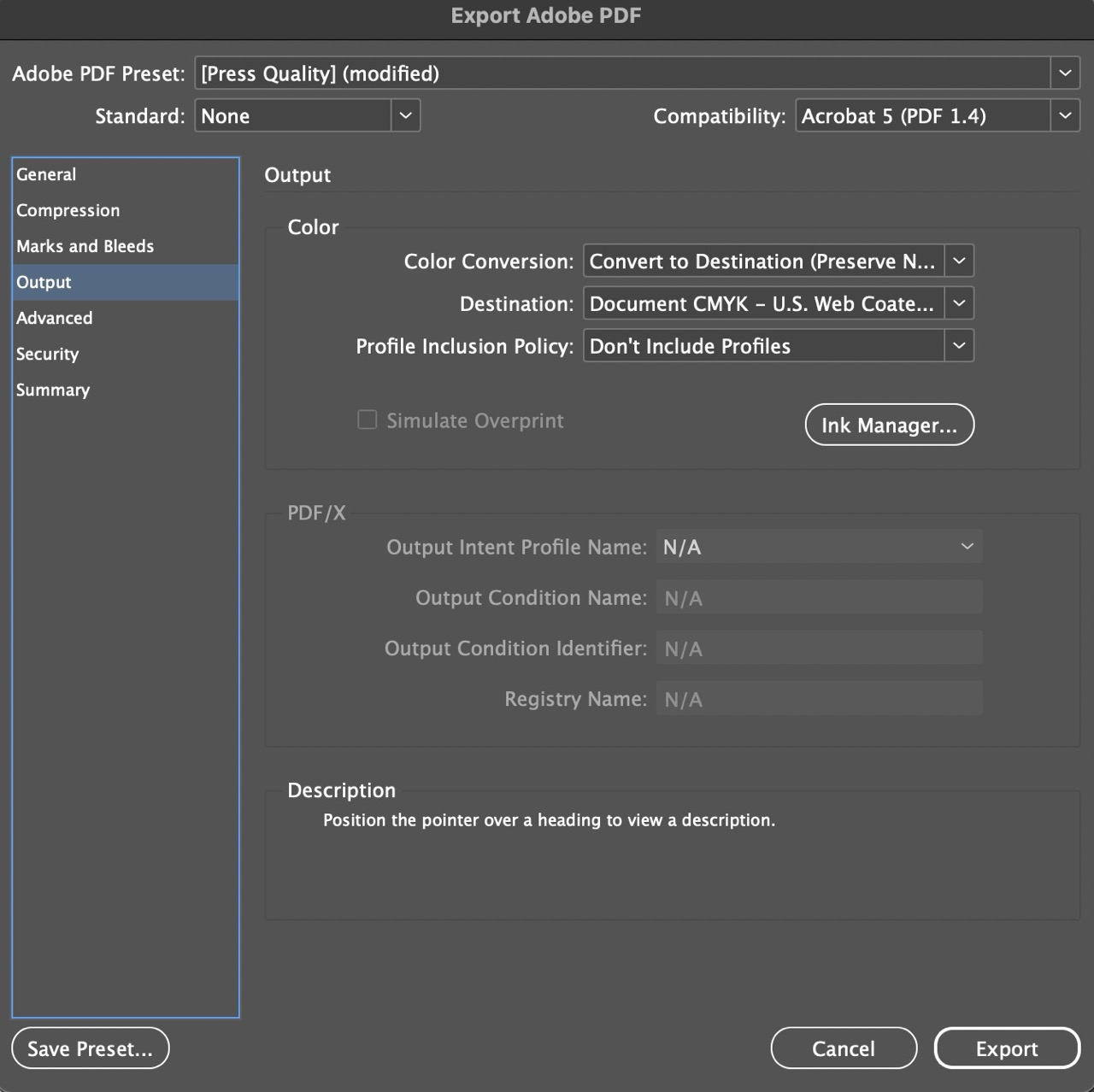 Screenshot of selecting additional Output Settings during export in InDesign