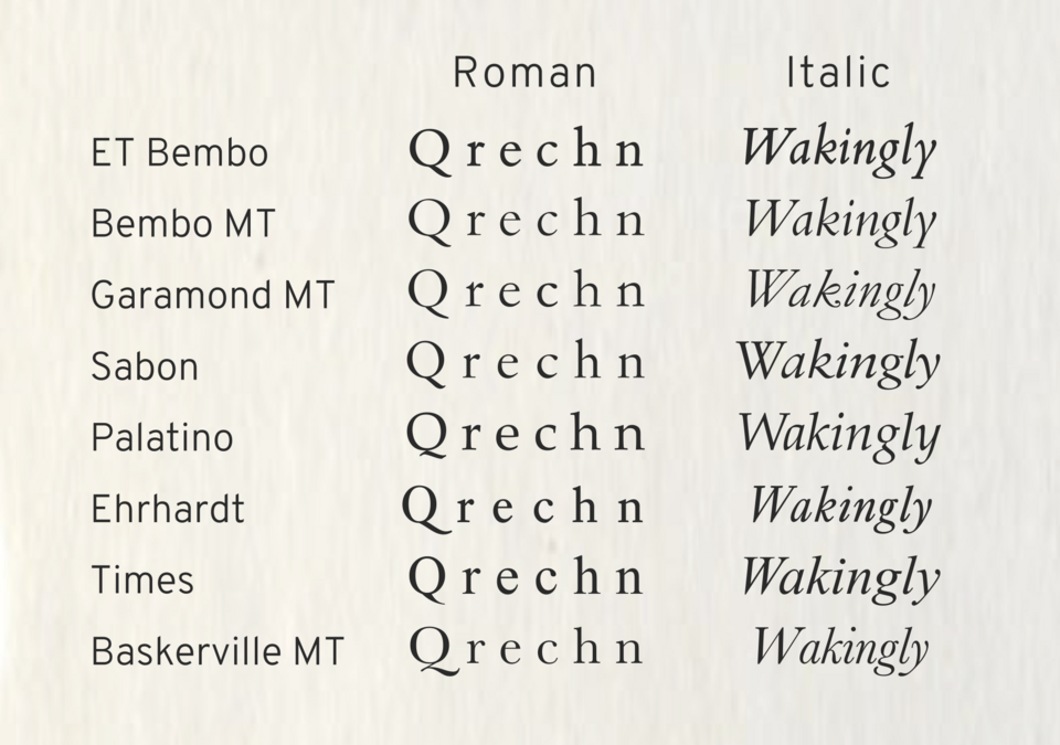 comparison diagram of multiple Garamond-inspired serif fonts