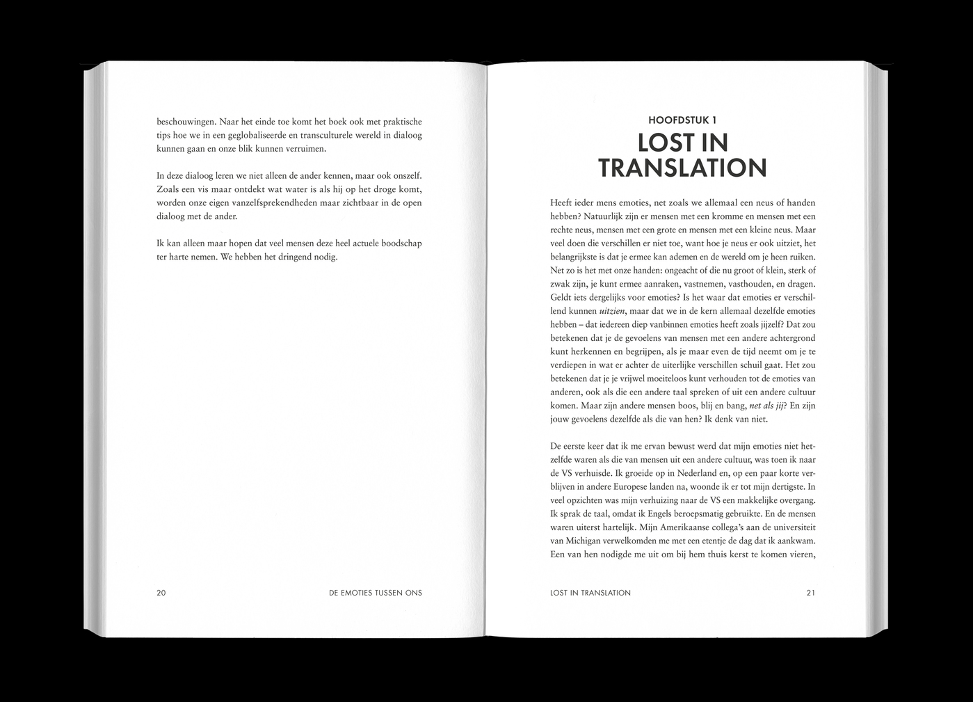 open book with the print design of a translated novel by Batja Mesquita showing two fonts paired together