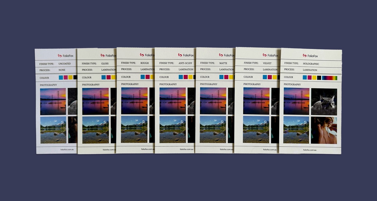 All FolioFox laminate sample cards flatlayed