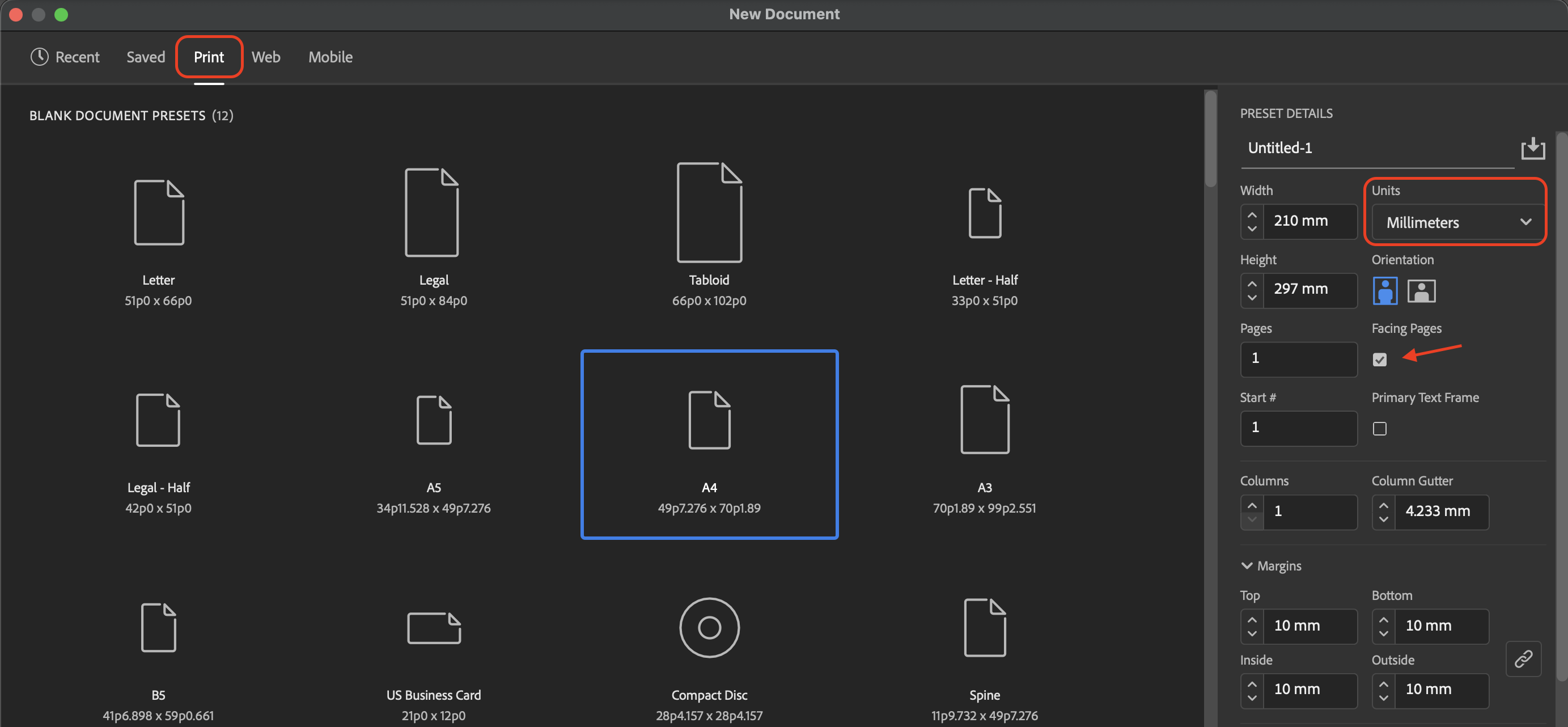 InDesign File setup screen with the 'Print' intent, unit of measurement and Facing Pages setting pointed out.