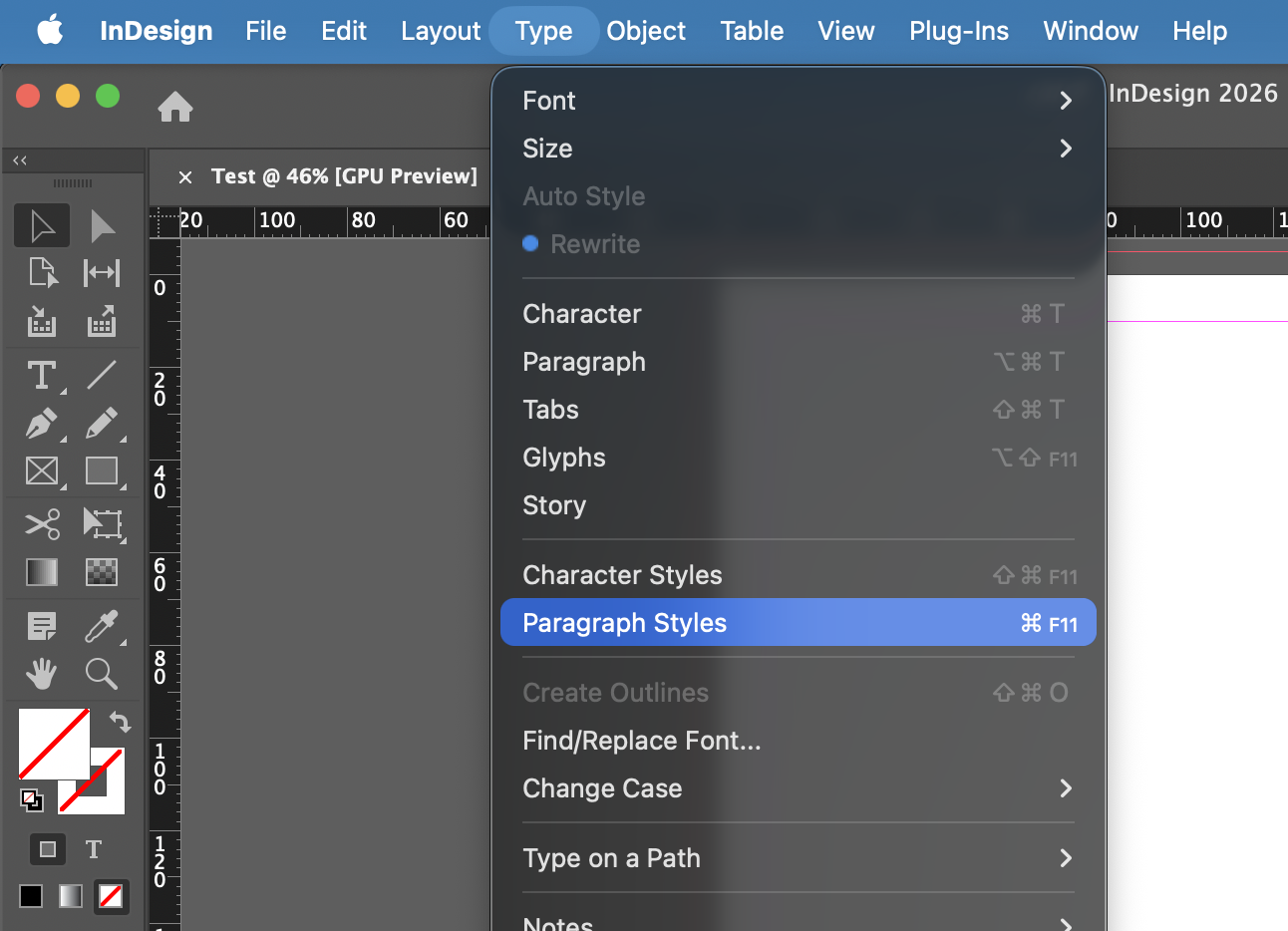 screenshot of InDesign with the Paragraph Styles option highlighted under the Type menu