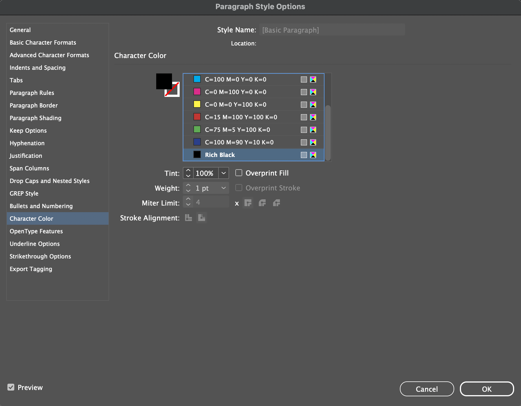 Open paragraph styles configuration window in InDesign showing the colour has been changed to Rich Black