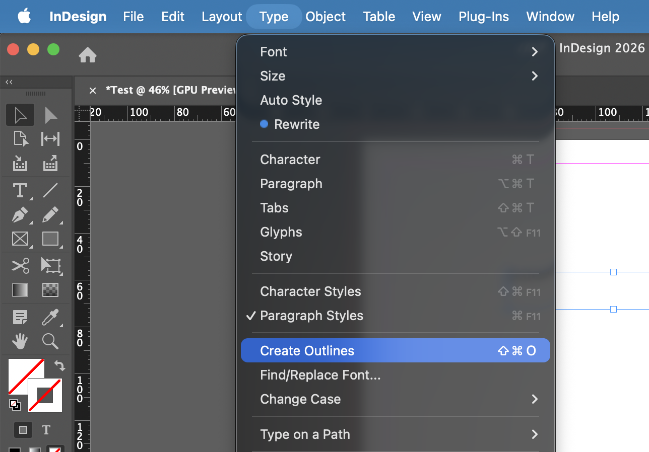 'Create Outlines' option under the Type submenu in InDesign