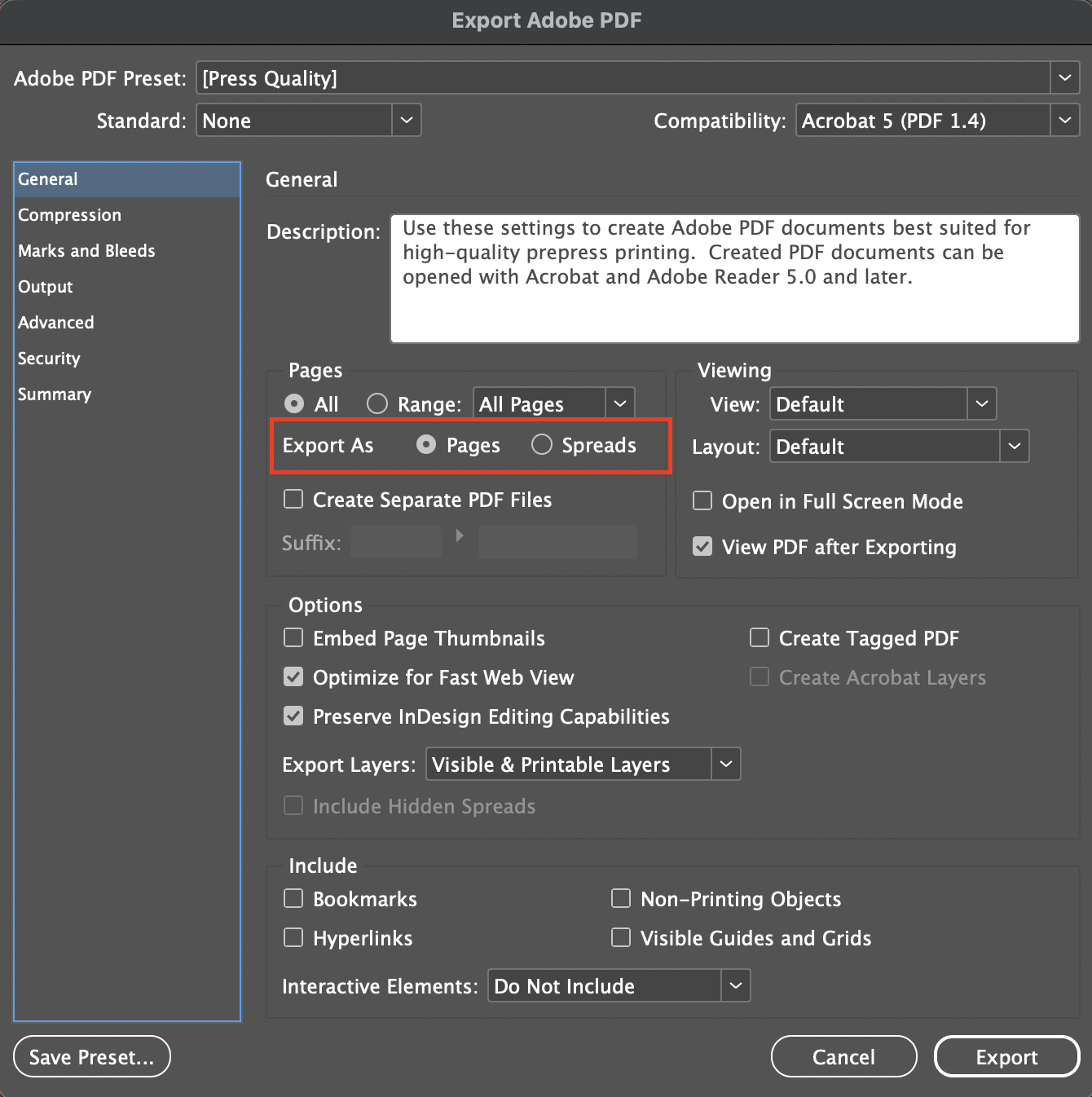 screenshot of Initial export screen for choosing between pages and spreads in InDesign
