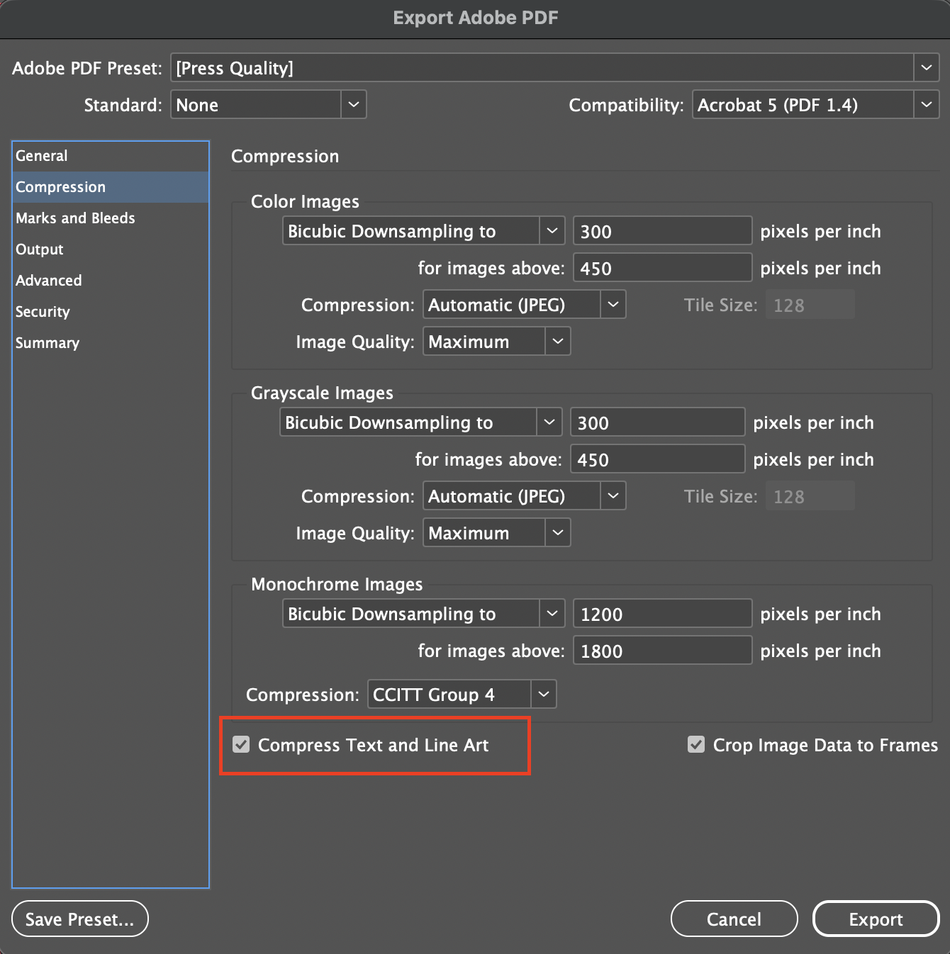 Compression tab of the PDF Export screen in InDesign