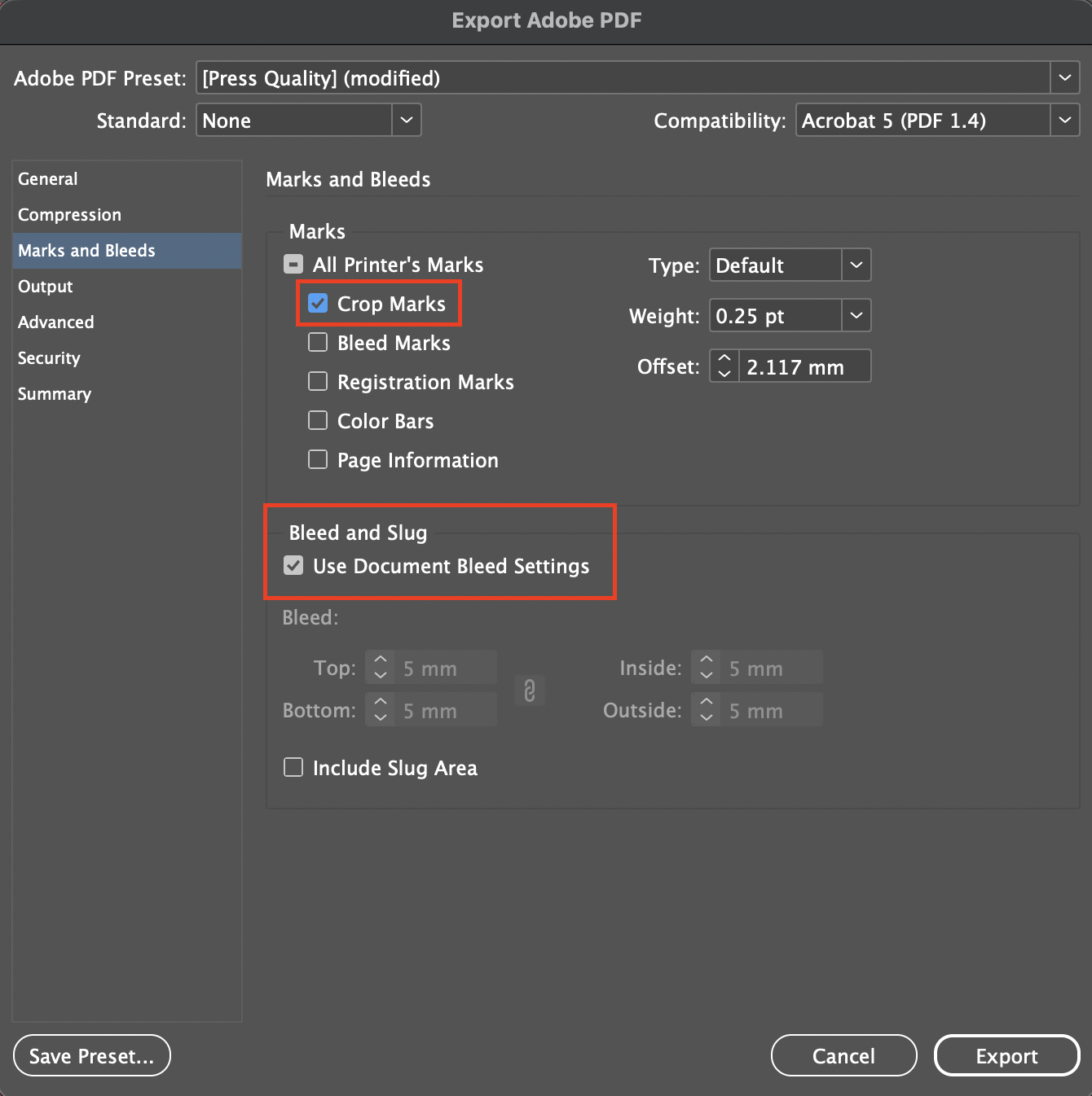 Screenshot of the Marks and Bleeds tab of the Export process in InDesign