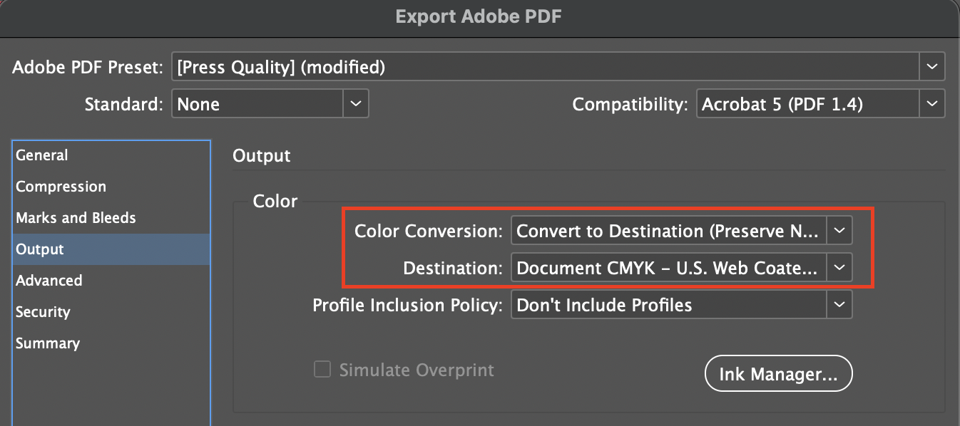 screenshot of InDesign's Output tab in the Export process