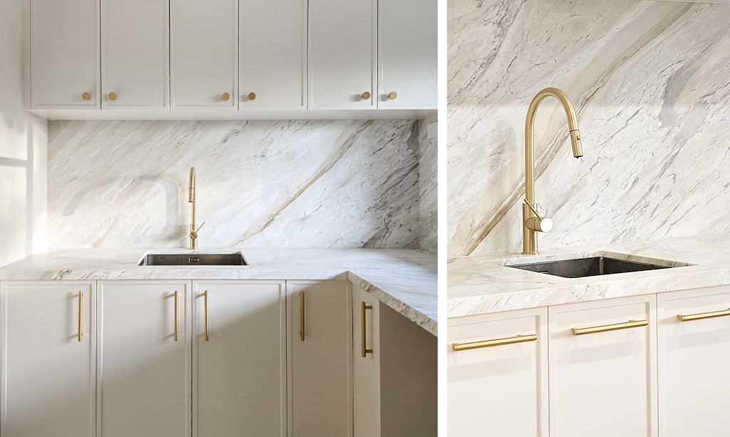 Split image showing traditional white kitchen joinery, a natural stone benchtop, continuous splashback, and elegant brushed brass tapware