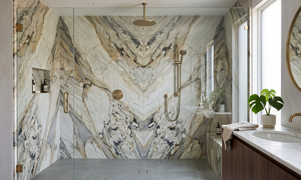 Full-slab natural stone shower wall with continuous vein flow and zero grout lines