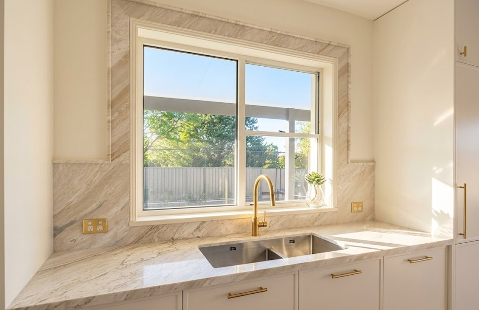 Natural stone windowsill catching the morning light in a residential room.