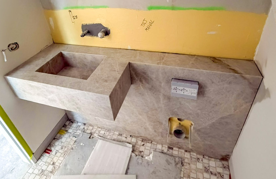 Taj Mahal quartzite integrated basin, built and fitted from the same slab. Marble Hub factory, Sydney.