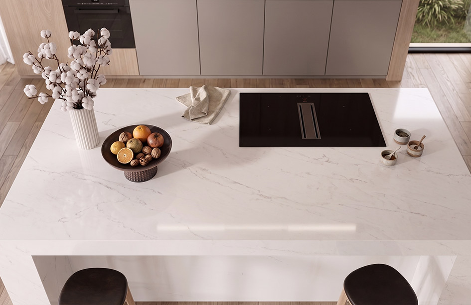 eolith porcelain benchtop, marble-look face, 40mm mitred edge and waterfall end, contemporary Sydney kitchen