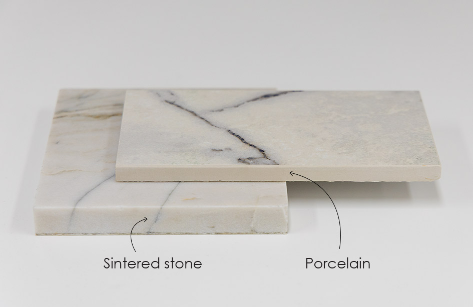Visual comparison showing the manufacturing difference between sintered stone and porcelain benchtops. Sintered stone carries its pattern through the body edge, whereas porcelain features a printed face and a solid edg