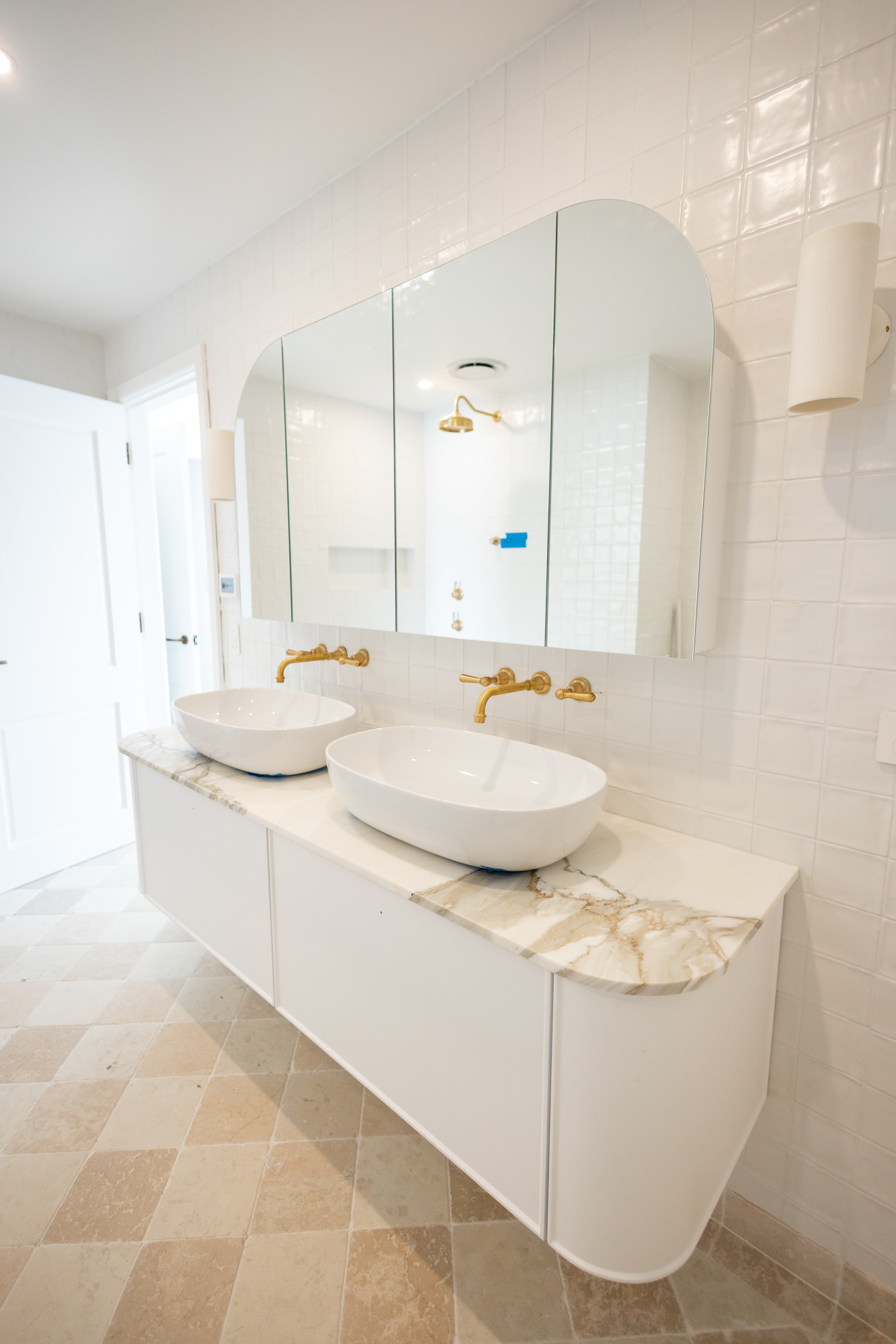 Calacatta Oro marble vanity top, twin oval basins, long bench, Sydney bathroom