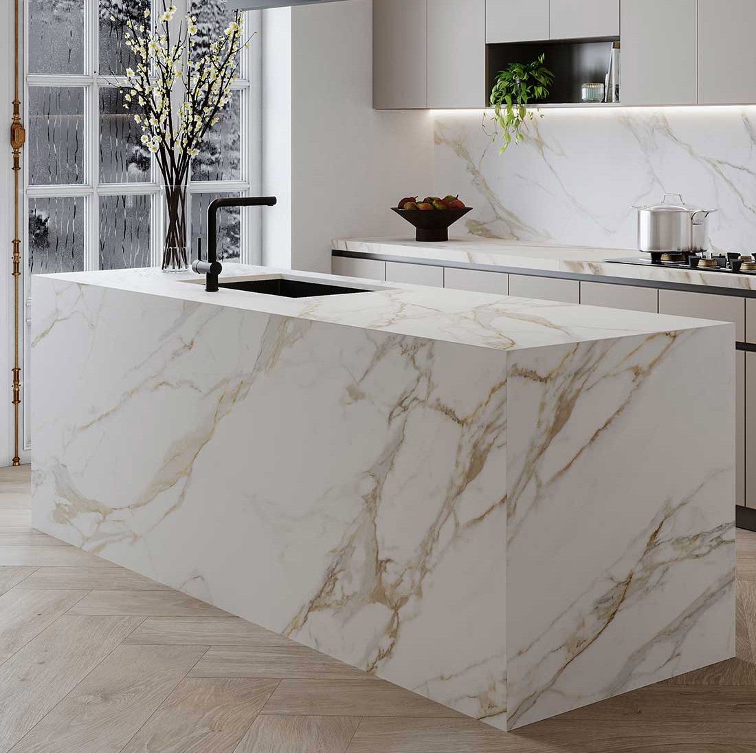 Neolith Calacatta Roma Silk porcelain benchtop, 40mm mitred edge, marble-look face, contemporary Sydney kitchen
