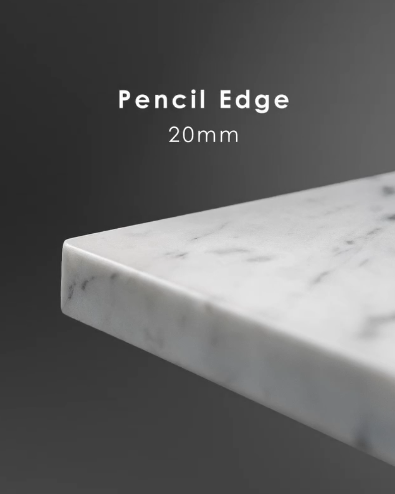 Pencil edge on a 20mm marble benchtop, small even round on a straight edge, clean and modern.