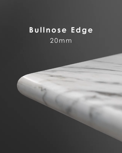 Full bullnose 20mm edge on a marble benchtop, top rounded into a semicircle.