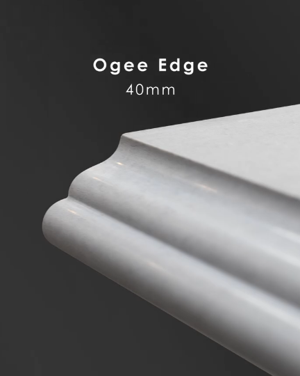 Ogee 40mm edge on a marble benchtop, ornate S-curve profile.