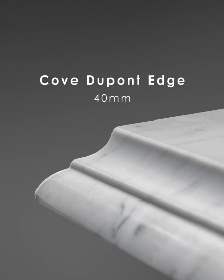 Cove Dupont 40mm edge on a marble benchtop, cove scooped under a rounded top.