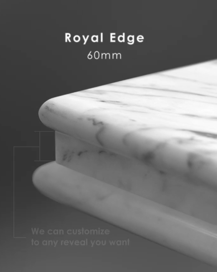 Royal 60mm edge on a marble benchtop, tall layered profile with a customisable reveal.
