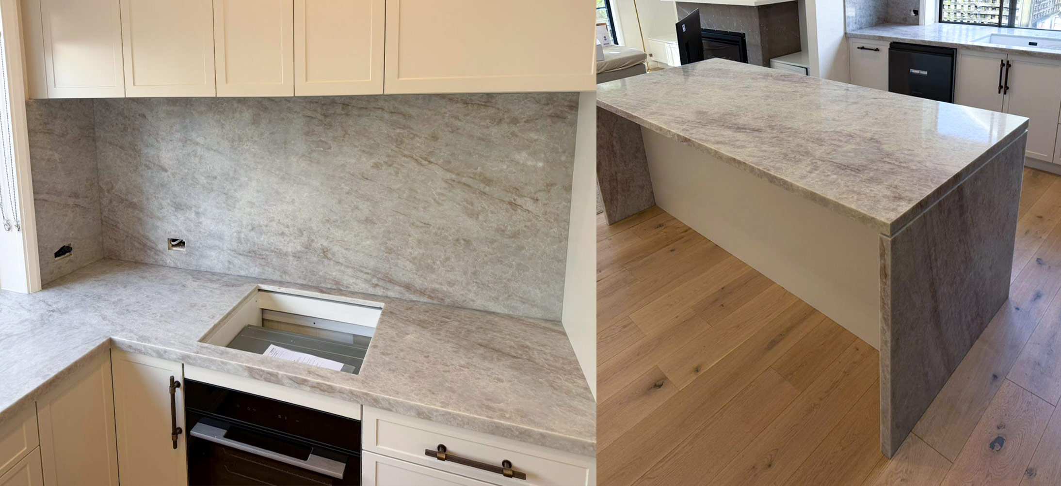 Honed quartzite benchtop with unique natural veining and depth in a kitchen, Sydney