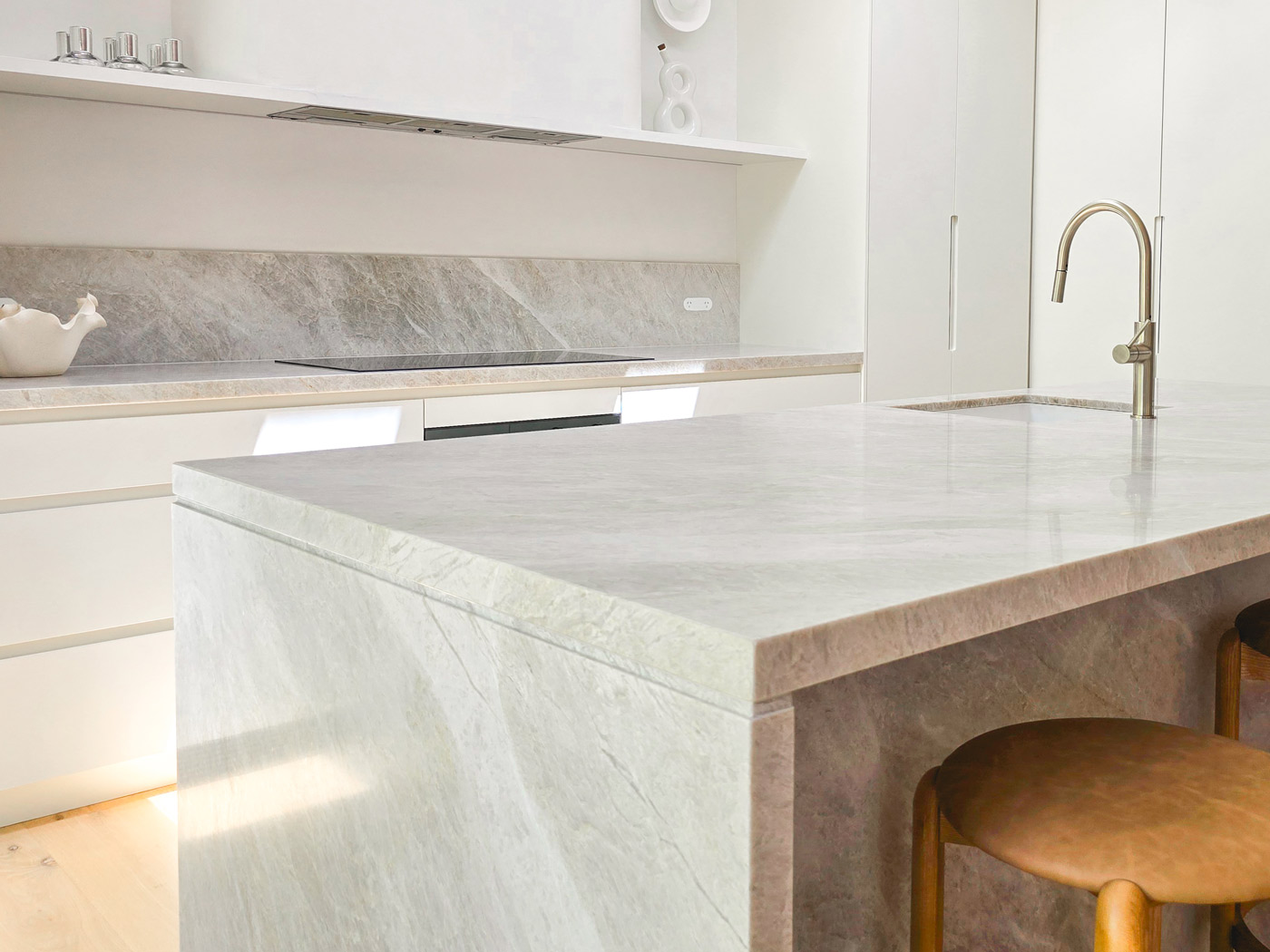 Honed Taj Mahal quartzite slab showing warm caramel undertone and veining, Sydney