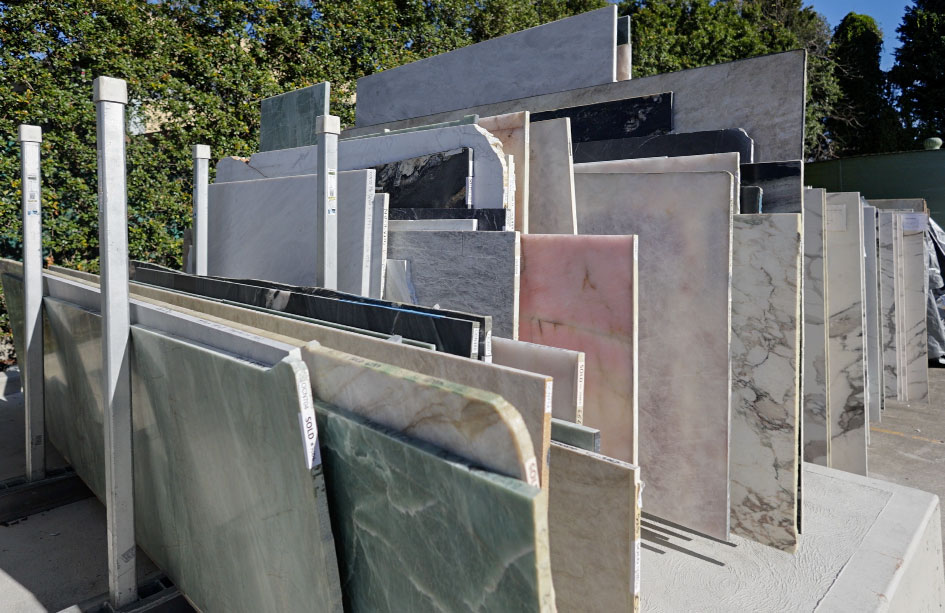 Rack of natural stone offcuts and remnant slabs available for small projects, Sydney