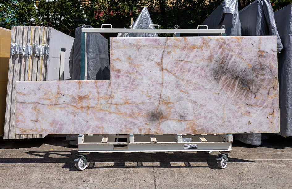 Rack of natural stone offcuts and remnant slabs available for small projects, Sydney