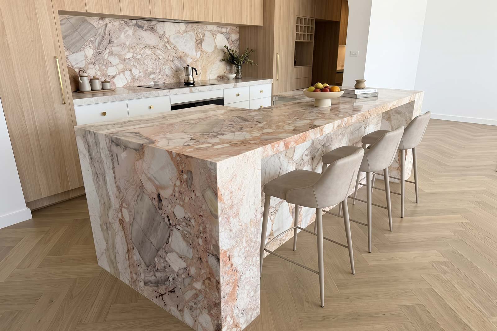 Staged stone benchtop installation on one side of a Sydney duplex by Marble Hub