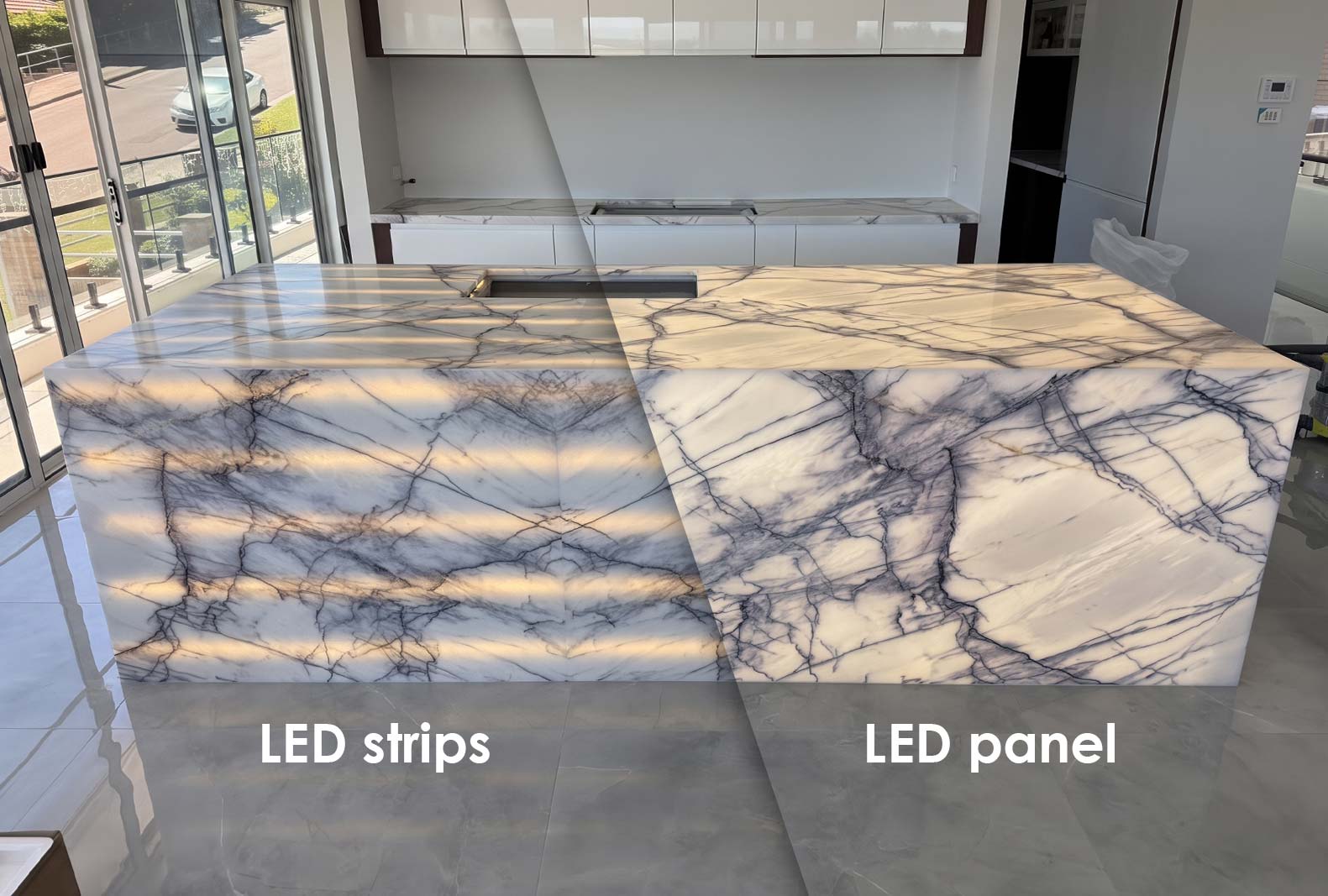 Difference between LED strip lighting and an even LED panel behind translucent stone, Marble Hub Sydney