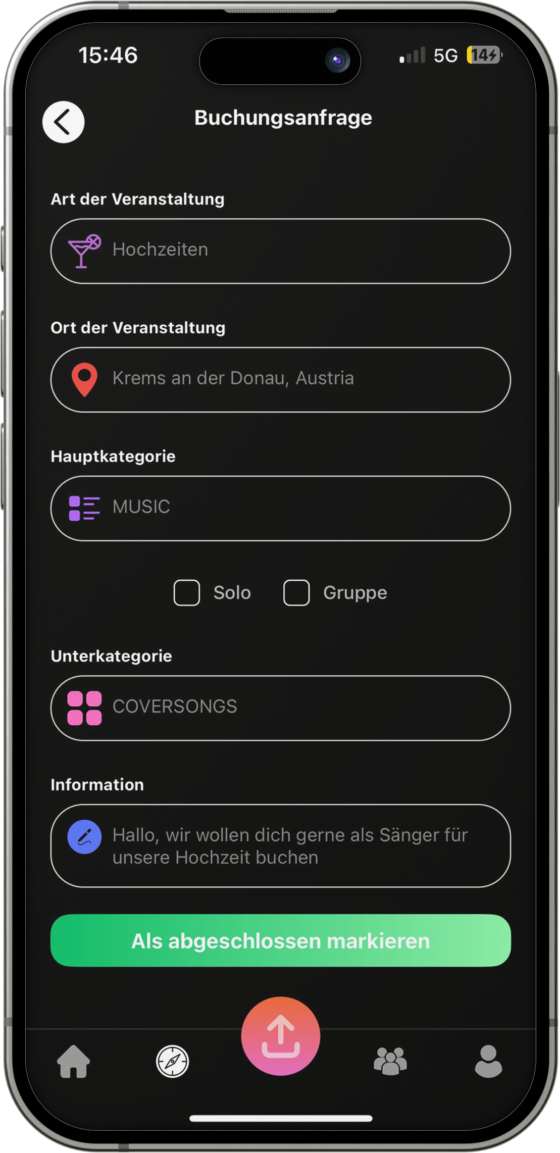 Hall of Arts App Buchungsseite