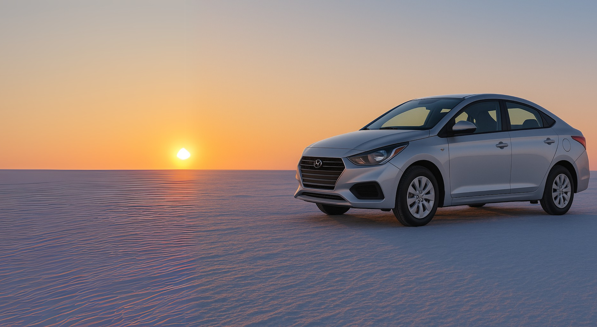 Hyundai Accent on sand at sunset