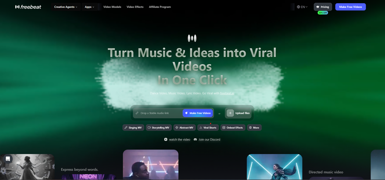Freebeat AI music video maker interface showing song analysis, beat sync, and generated music video scenes