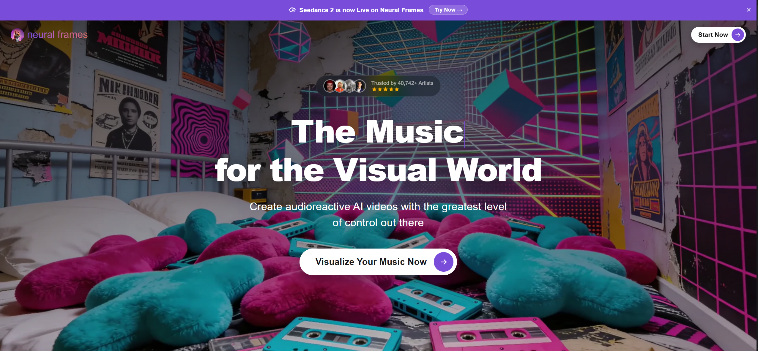 Neural Frames audio reactive visualizer screenshot with stems and visual controls