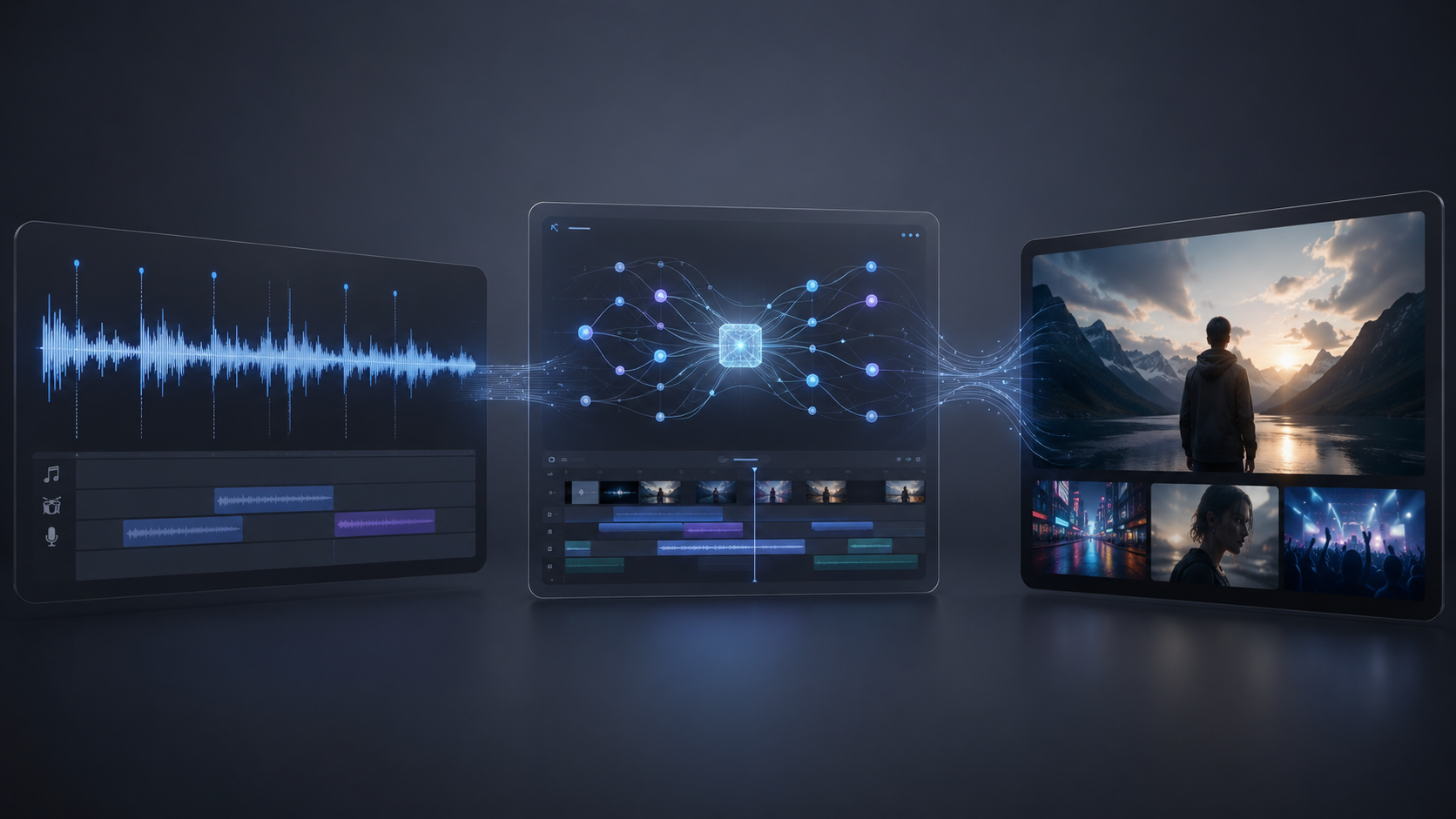 Hero image showing a music track waveform, beat markers, video timeline, and finished music video previews