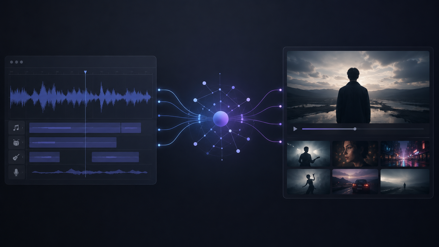Hero image showing AI music video generation from audio waveform to finished video scenes