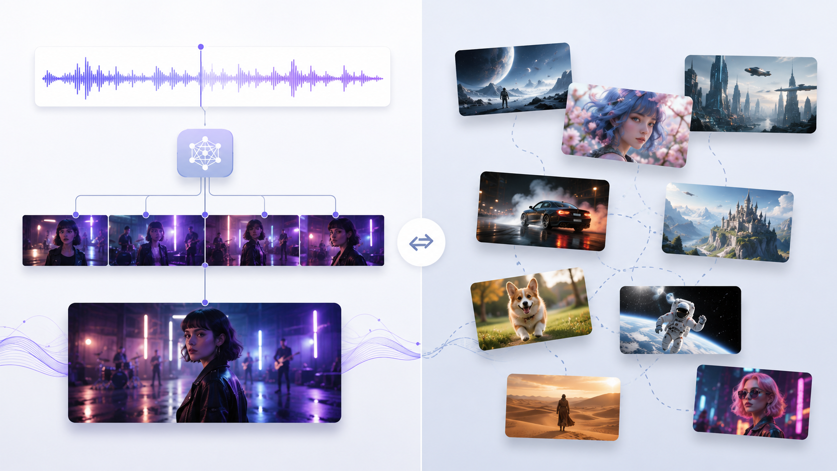 Comparison image showing music video generation workflow versus general AI video clip generation