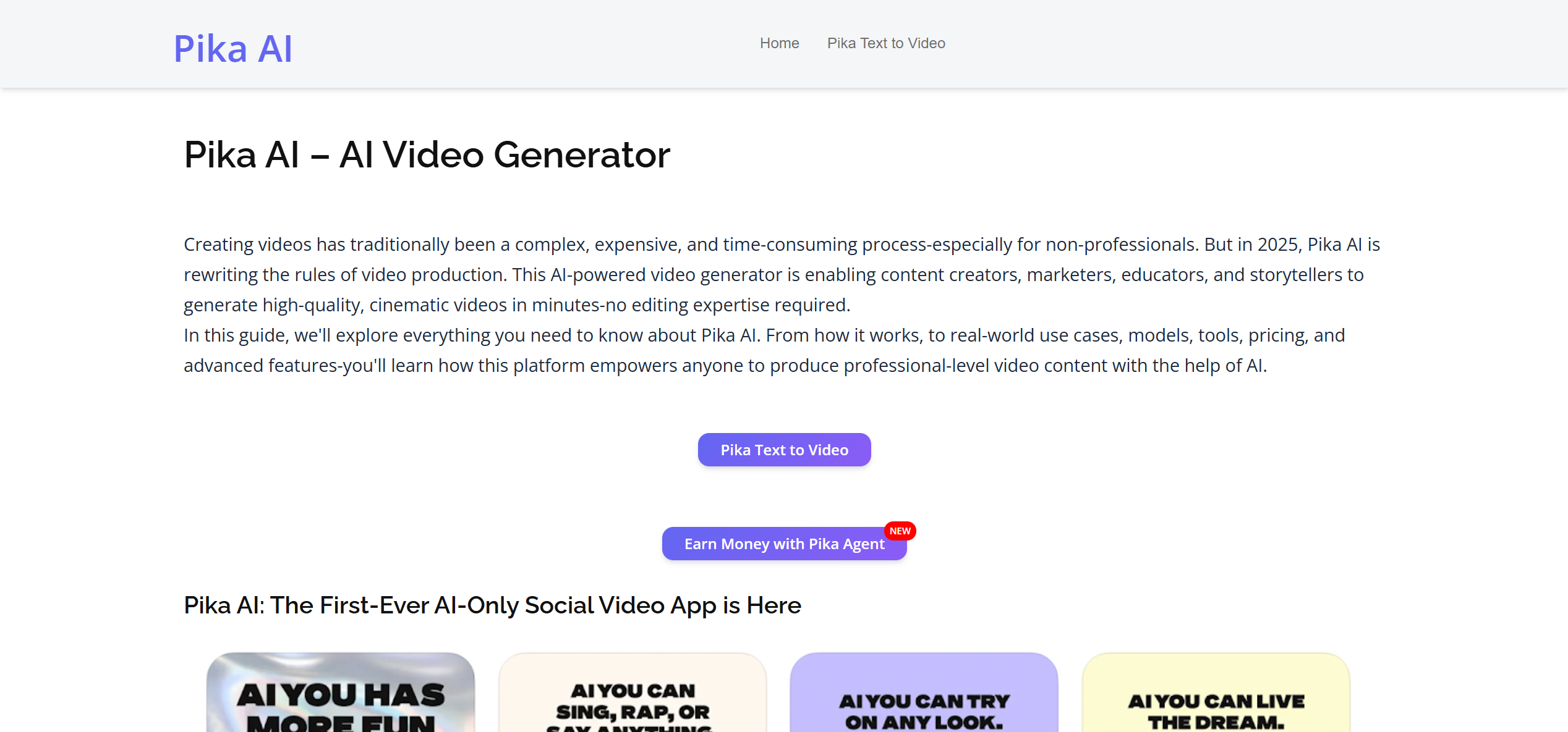 Pika AI video generation interface for short clips