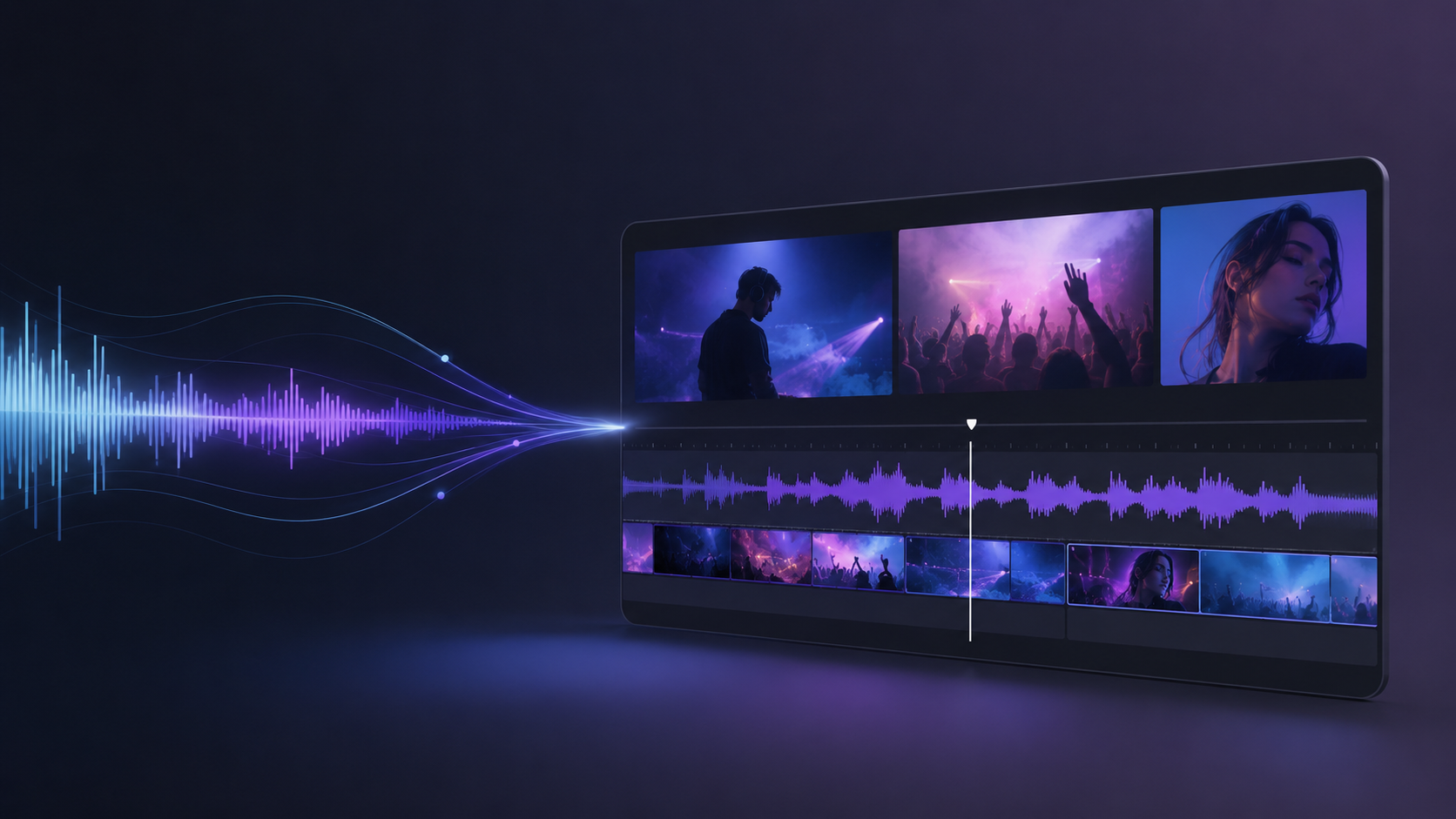 Music video maker workflow with audio waveform and video editing timeline