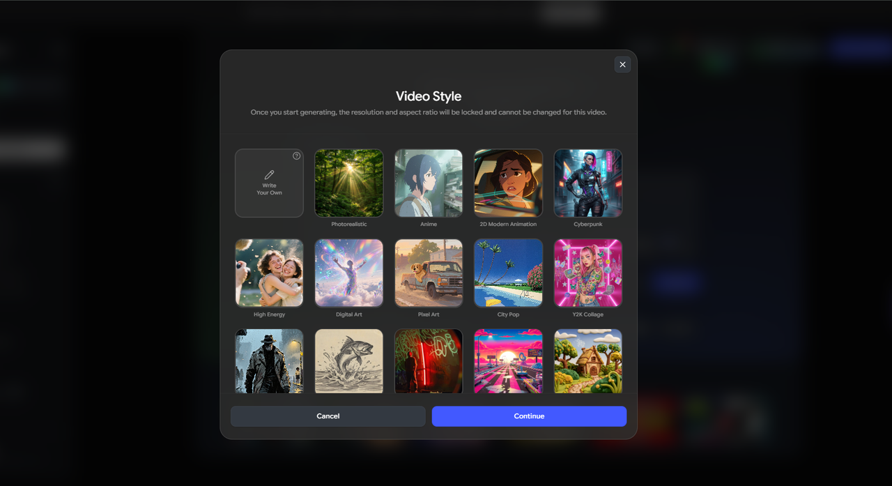 Freebeat video style selection screen for combining music video modes